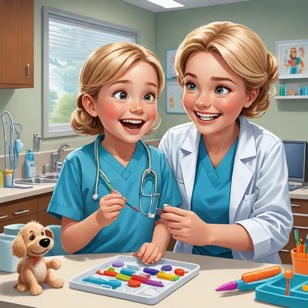 a cartoon of a doctor and a child in a hospital room with a dog on the table and a teddy bear, neoplasticism, a storybook illustration, Dr. Atl, professional digital painting