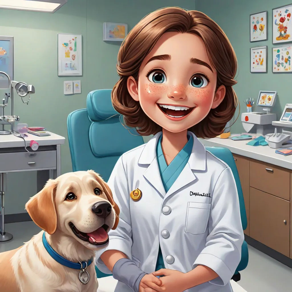 a cartoon of a woman in a dentist's office with a dog on the chair next to her, sots art, a character portrait, Florence Engelbach, official art
