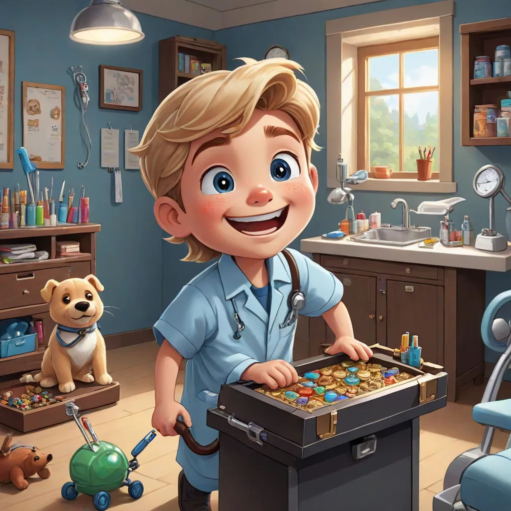 a cartoon boy is playing a game of checkers in a doctor's office with a dog and a teddy bear, sots art, a character portrait, Dr. Atl, key art