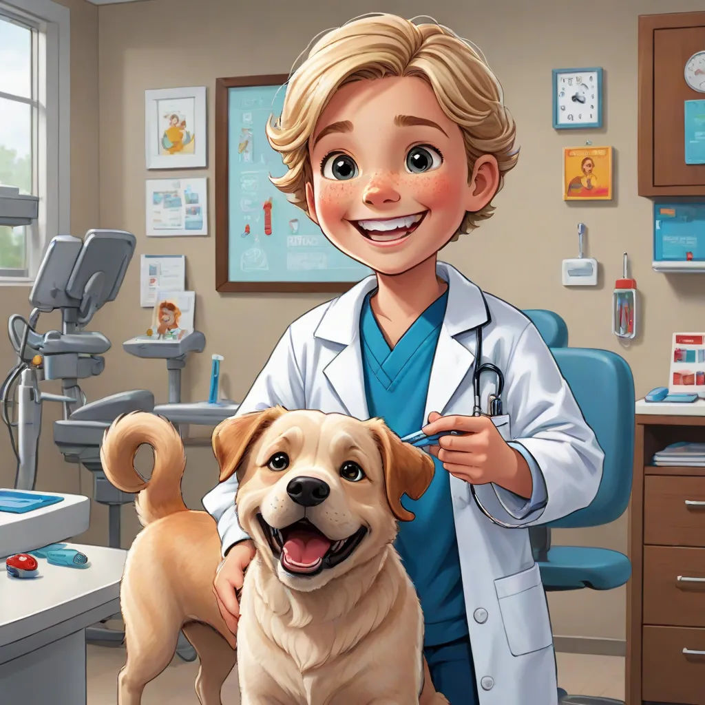 a cartoon of a dog being examined by a veterinator in a hospital room with a dog on the floor, american scene painting, a storybook illustration, Dr. Atl, promotional image