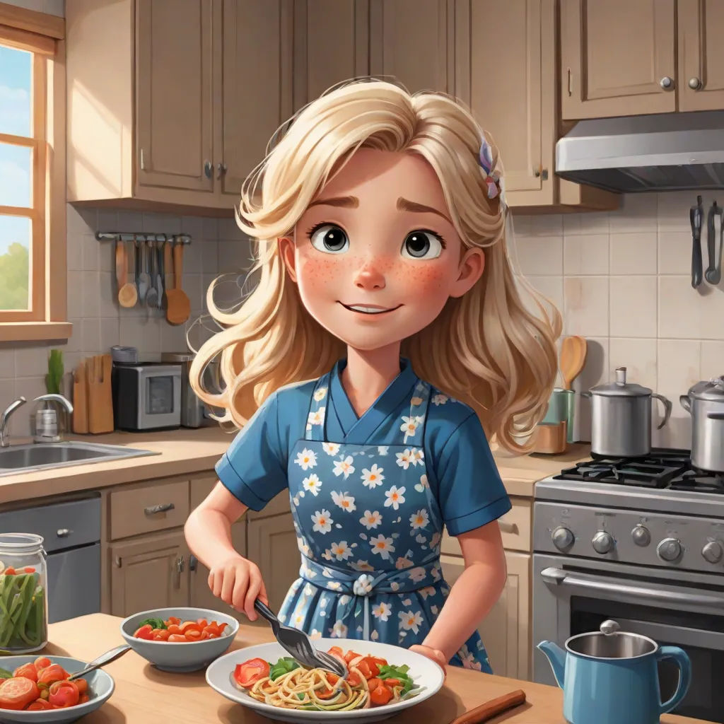 a cartoon girl is preparing a meal in the kitchen with a bowl of vegetables and a plate of pasta, sots art, a character portrait, Beatrice Huntington, kinkade
