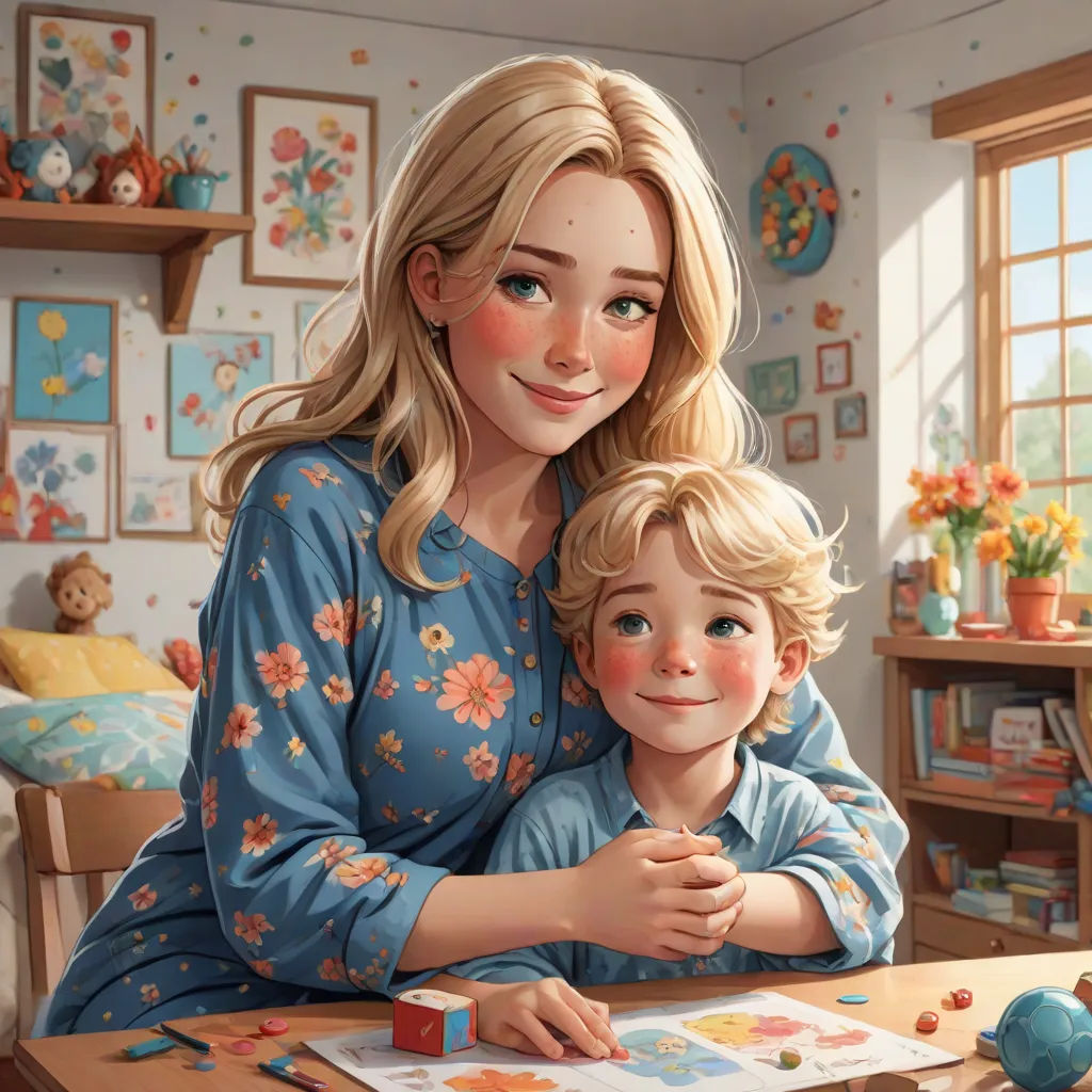 a woman and a child are sitting at a table in a room with a teddy bear and a picture of a boy, photorealism, a storybook illustration, Artgerm, ultra realistic illustration