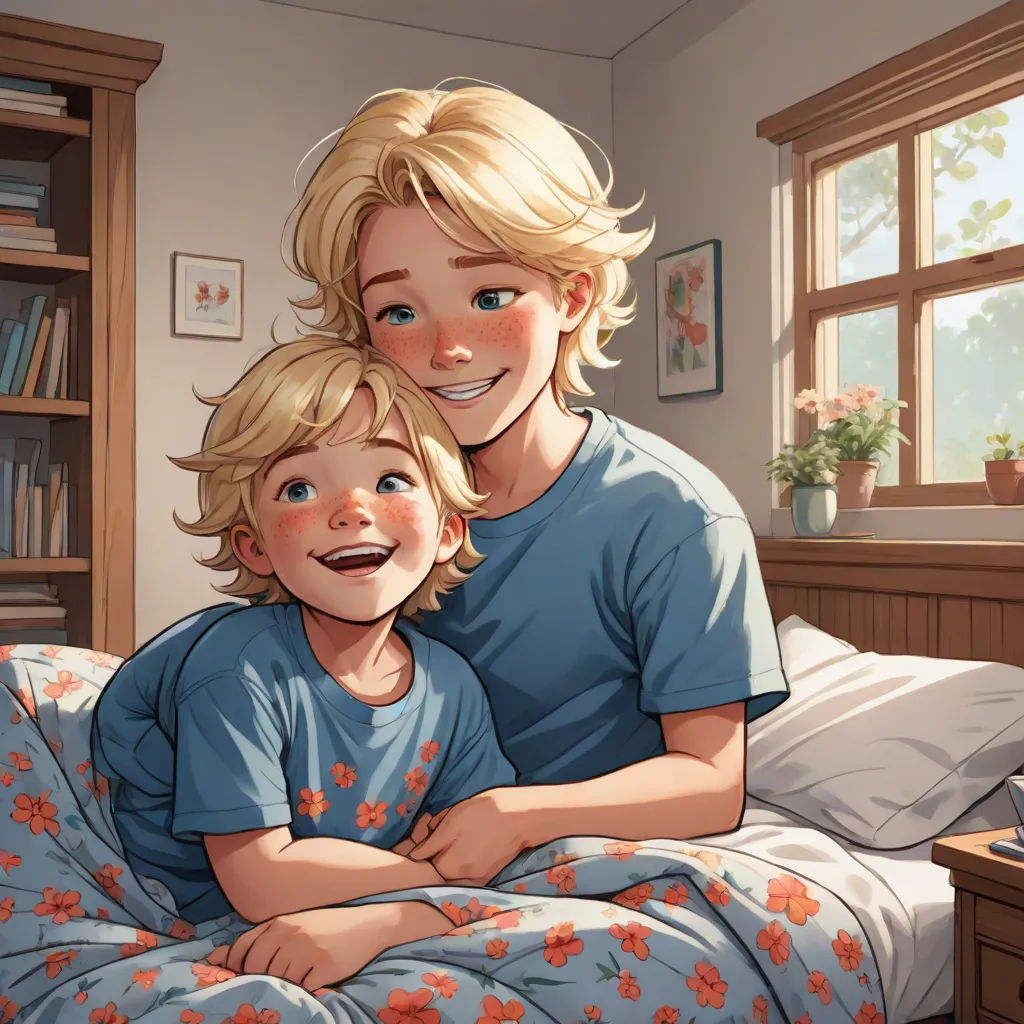 a woman and a child are laying in bed together, smiling and looking at the camera, with a bookcase in the background, photorealism, a storybook illustration, Brothers Hildebrandt, official art