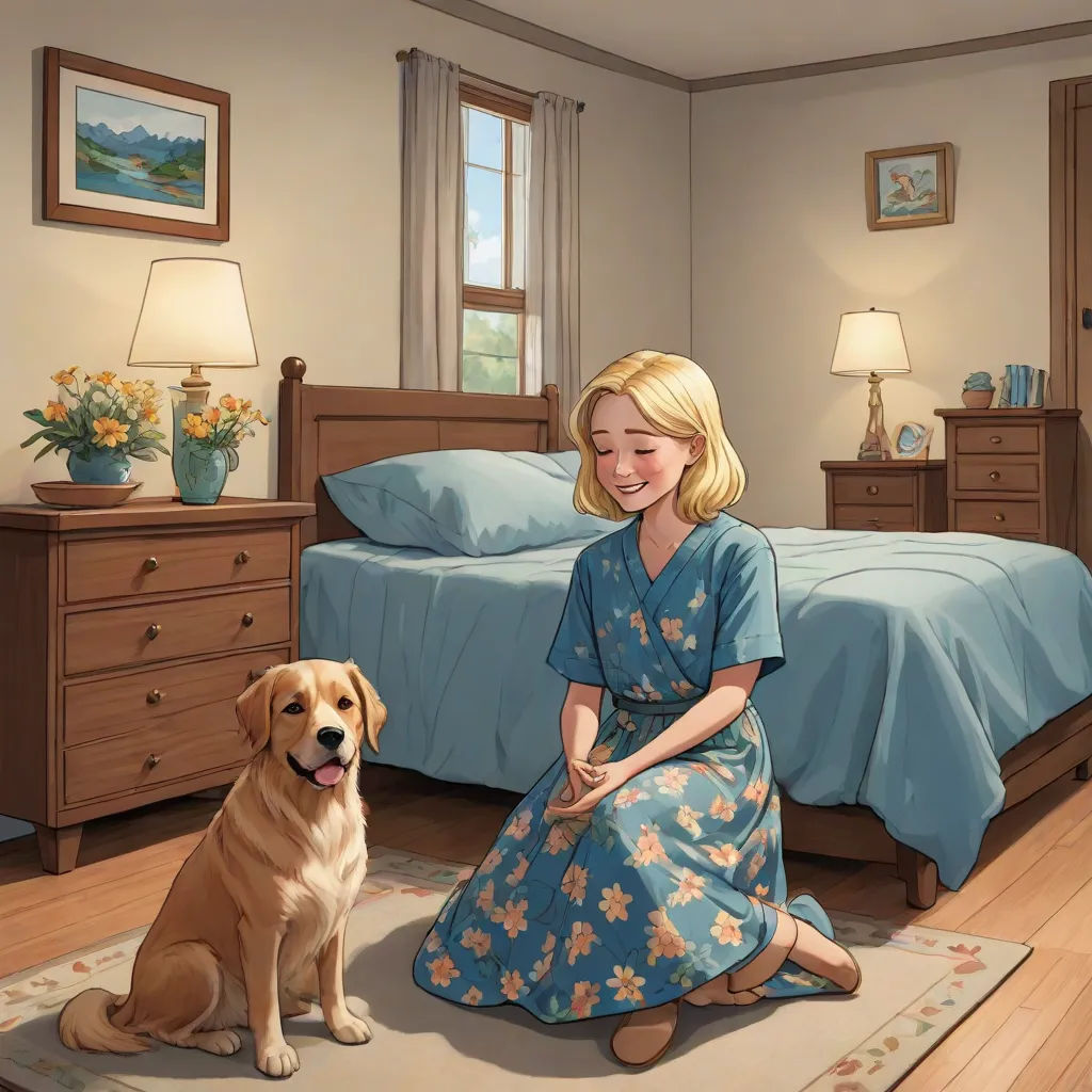 a woman sitting on a rug next to a dog in a bedroom with a bed and dressers and a lamp, american scene painting, a storybook illustration, Bob Byerley, kinkade