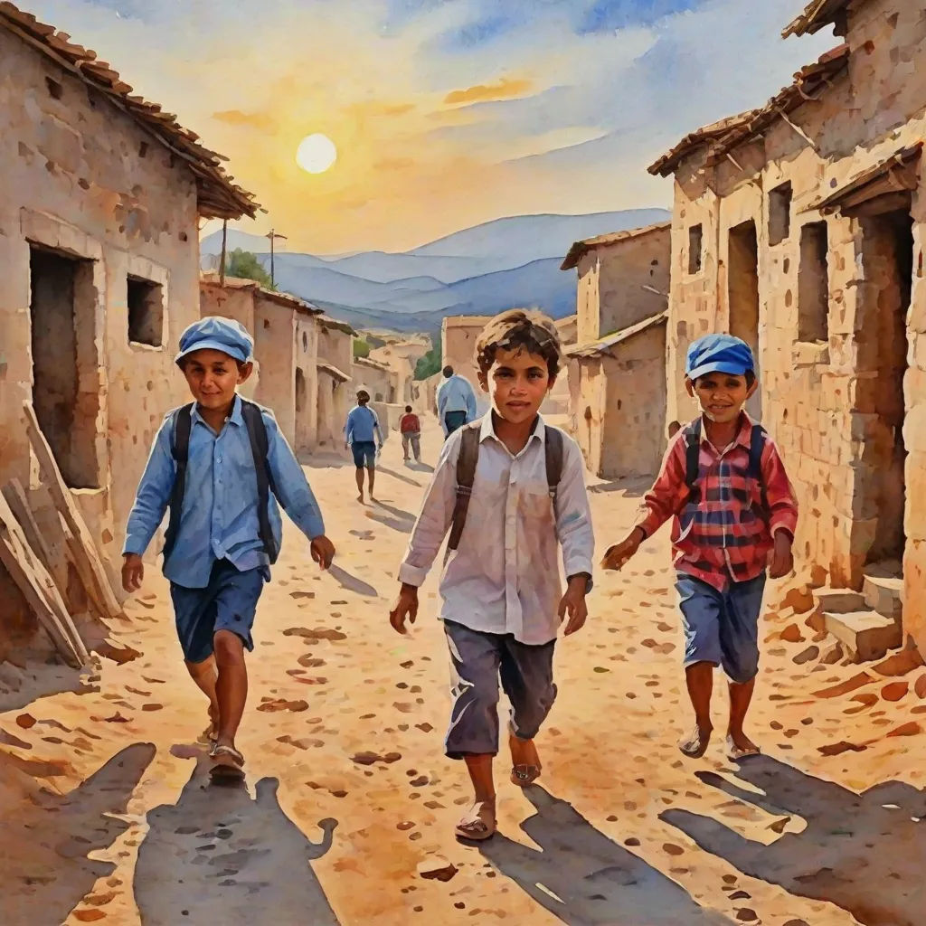 a painting of three children walking down a street in a village with mountains in the background and a sun setting, figurative art, an oil on canvas painting, Art Brenner, oil painting