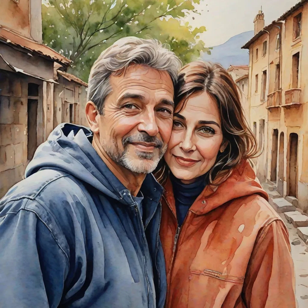 a painting of a man and woman in a street with buildings in the background and a tree in the foreground, figurative art, a photorealistic painting, David Palumbo, detailed painting