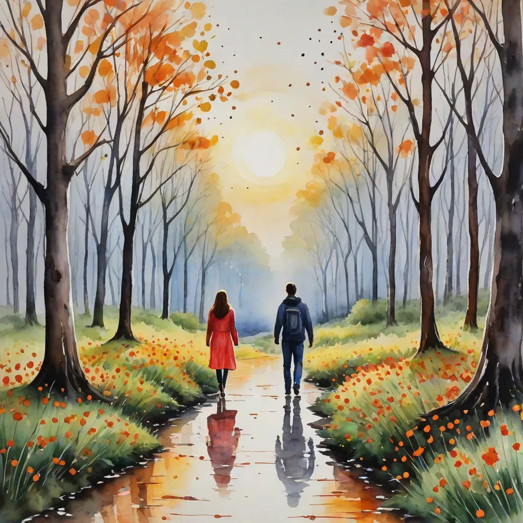 a painting of a couple walking down a path in the woods with trees and flowers on either side of the path, figurative art, an airbrush painting, Cyril Rolando, detailed painting