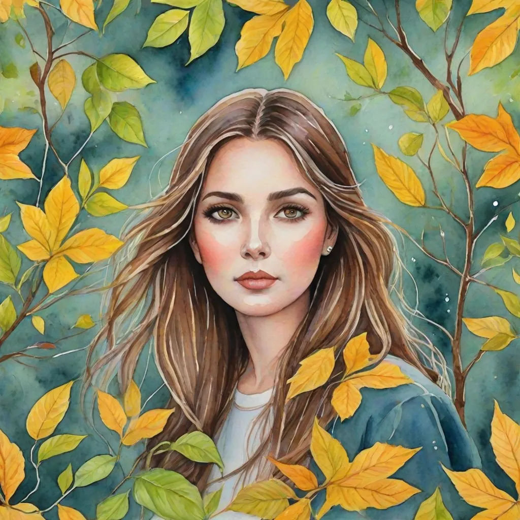 a painting of a woman surrounded by leaves and branches with a blue background and a green sky behind her, figurative art, a detailed painting, Audrey Kawasaki, in gouache detailed paintings