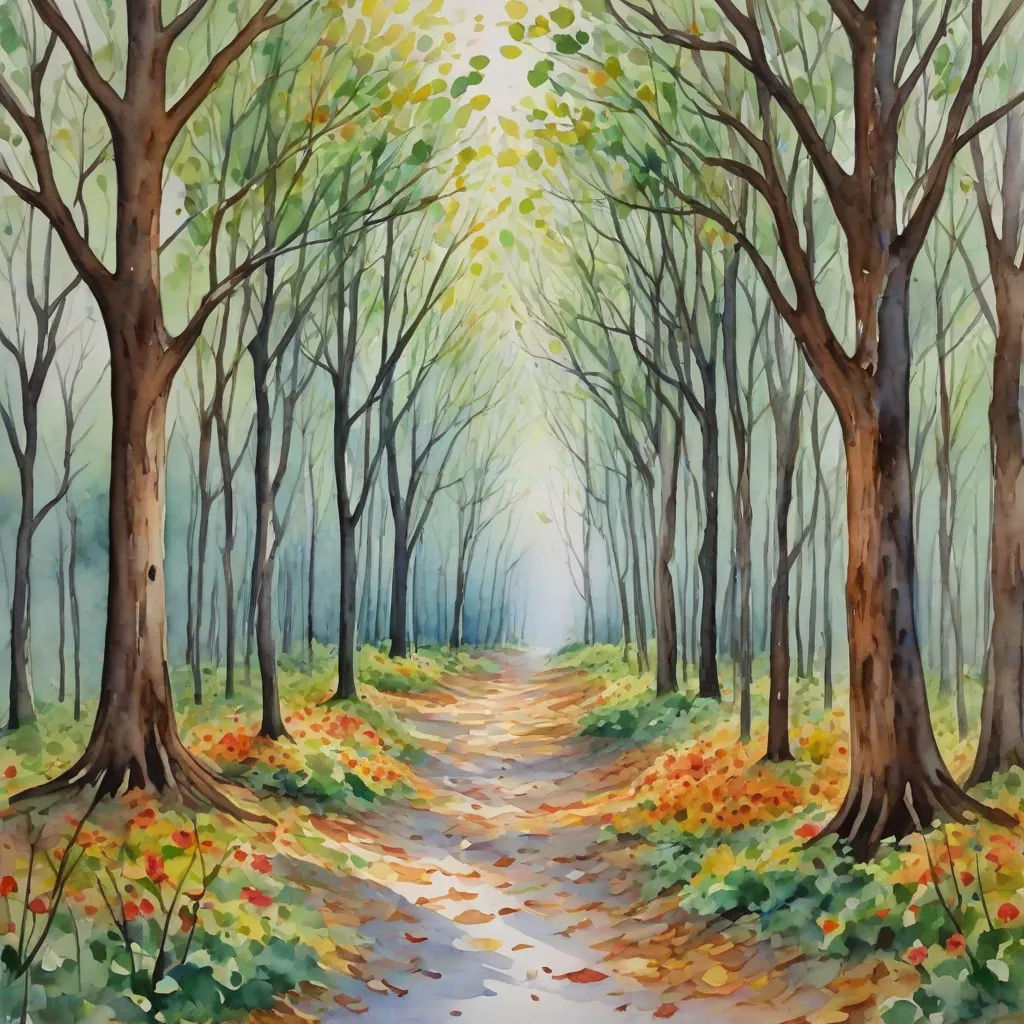 a painting of a path through a forest with trees and leaves on the ground and a light coming through the trees, metaphysical painting, a watercolor painting, David Martin, forest