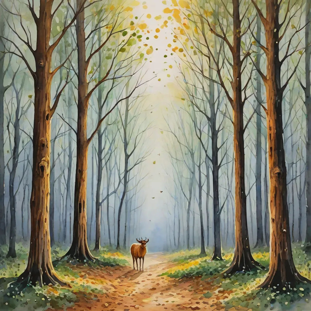 a painting of a deer standing in a forest with trees and leaves on the ground and a sun shining through the trees, magic realism, an airbrush painting, Christophe Vacher, oil painting