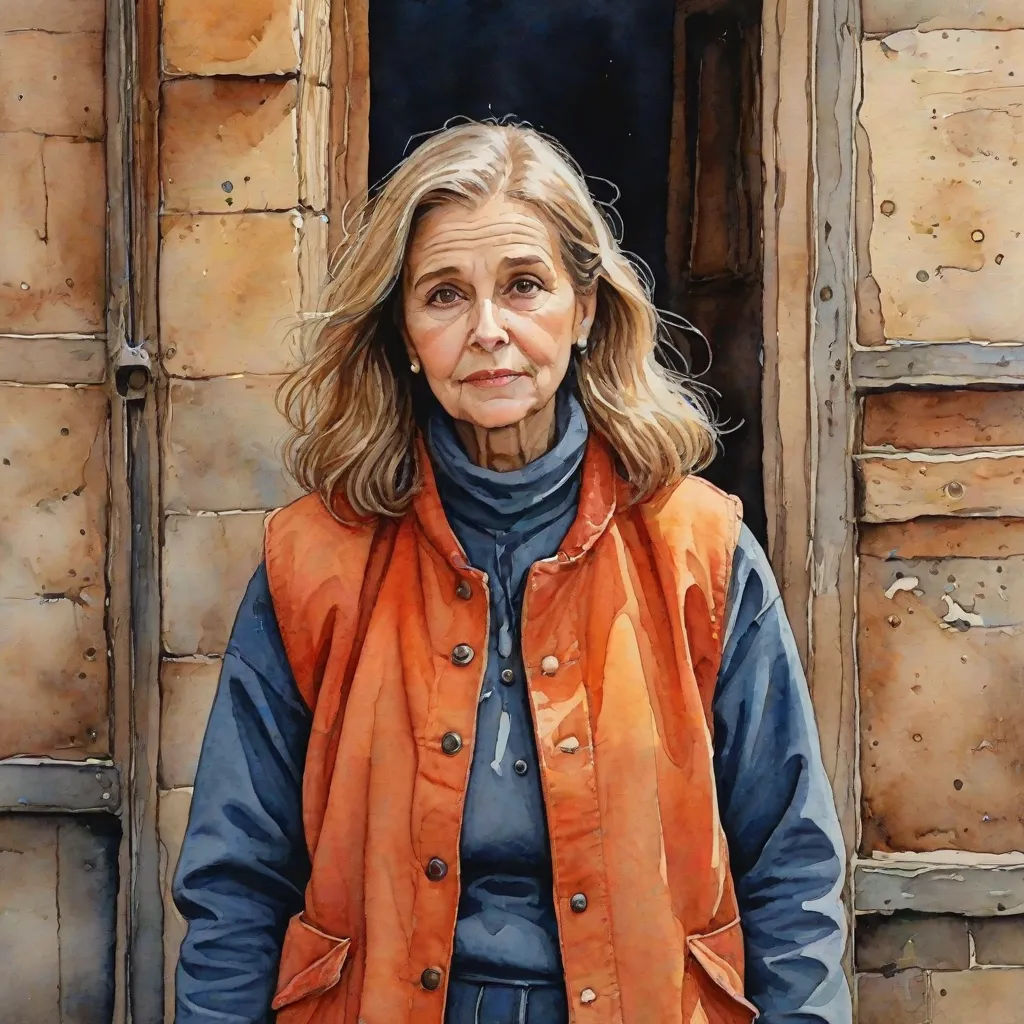 a painting of a woman standing in front of a door with a brick wall behind her and a door with a window, figurative art, an ultrafine detailed painting, Constance Copeman, photorealistic portrait