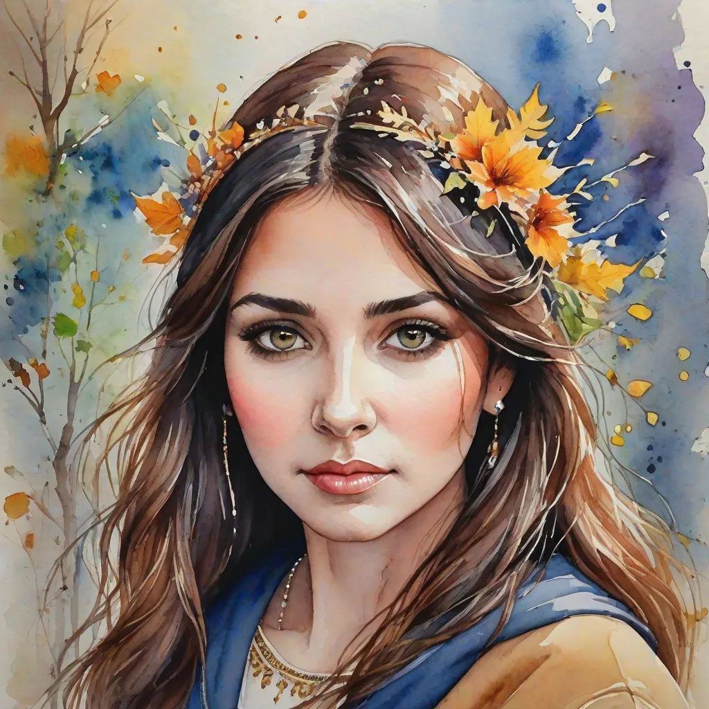 a painting of a woman with flowers in her hair and a blue dress with a yellow flower in her hair, figurative art, a watercolor painting, Elina Karimova, realistic portrait