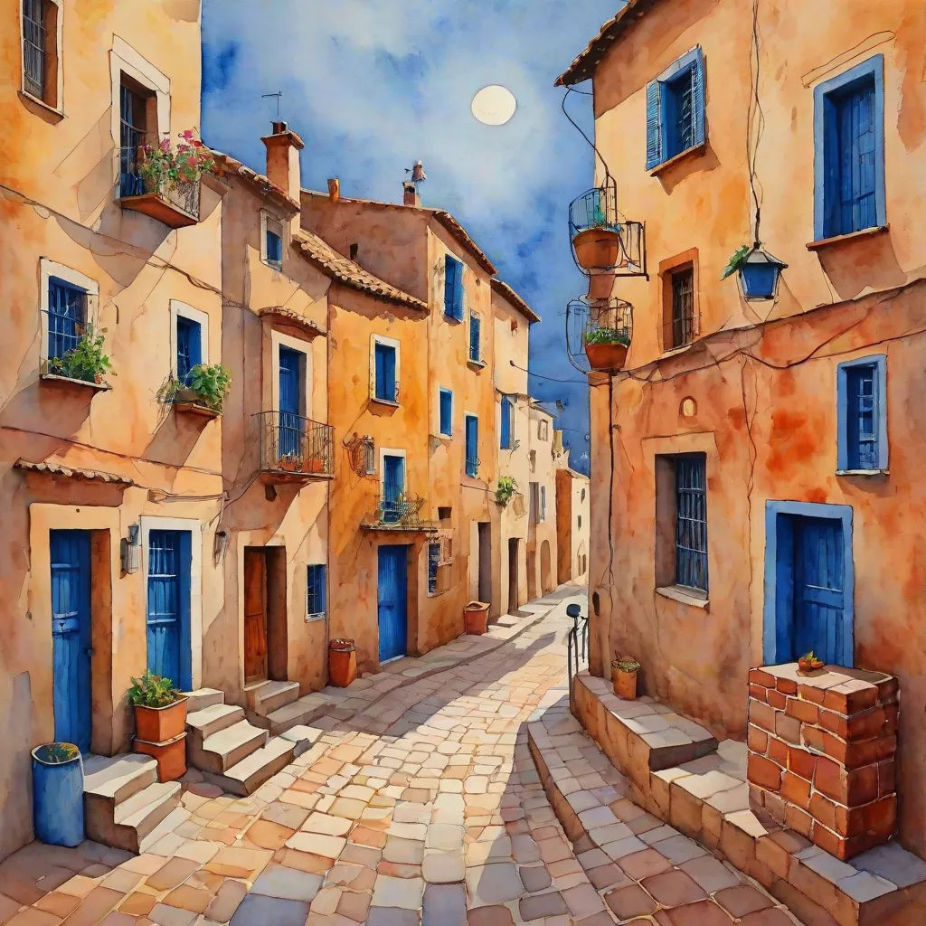 a painting of a street with a full moon in the background and a few buildings with blue doors and windows, modern european ink painting, a watercolor painting, David Martin, stanley artgermm