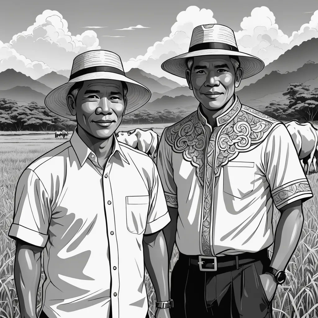 two men standing next to each other in a field of grass with mountains in the background and clouds in the sky, serial art, a storybook illustration, Basuki Abdullah, graphic novel