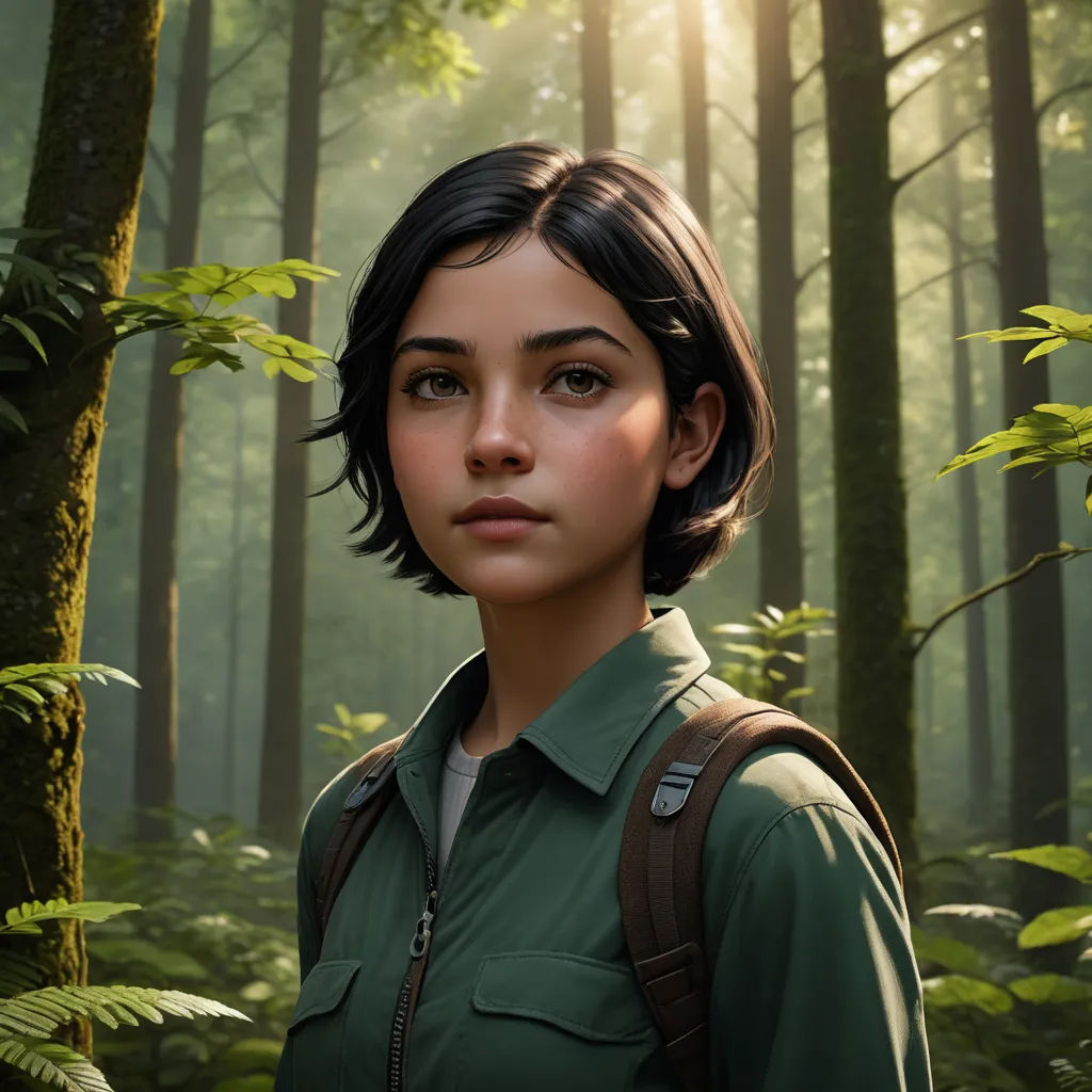 a woman in a green shirt standing in a forest with trees and ferns behind her, with a backpack on her shoulder, photorealism, a character portrait, Eve Ryder, key art