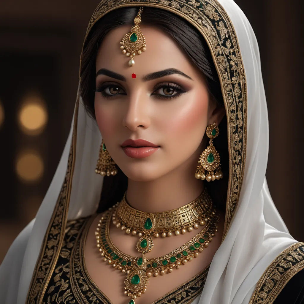 a woman wearing a bridal outfit with jewelry on her head and a veil on her head, with a gold and green necklace and earrings on her head, qajar art, a photorealistic painting, Ella Guru, jewelry