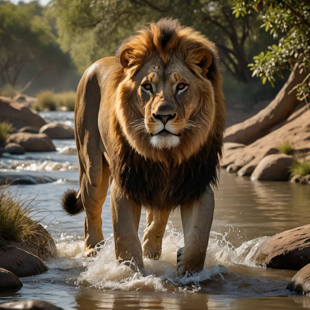 a lion walking through a river with rocks in the background and trees in the background, with a few leaves on the ground, art photography, a stock photo, Darrell Riche, wildlife photography