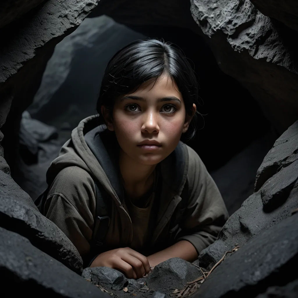 a young girl is looking out of a cave in the dark with a serious look on her face and shoulders, primitivism, a cave painting, Abidin Dino, promotional image