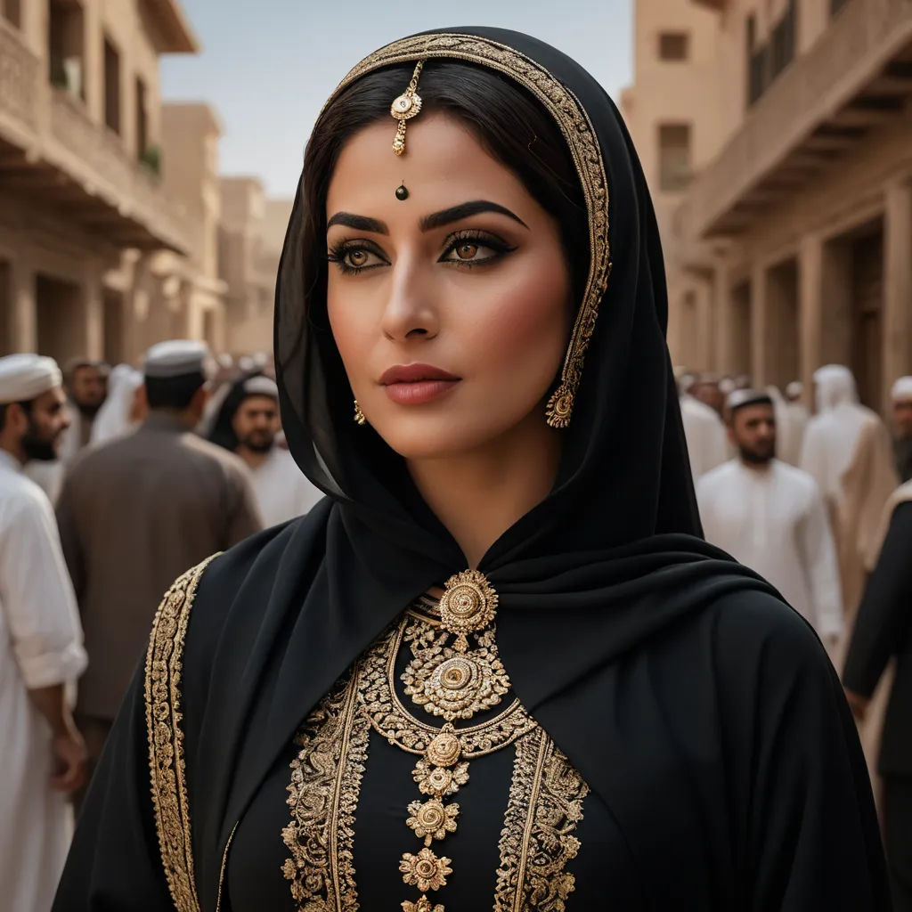 a woman in a black and gold outfit in a crowd of people in a city square, with a headscarf on, qajar art, egyptian art, Bouchta El Hayani, orientalism
