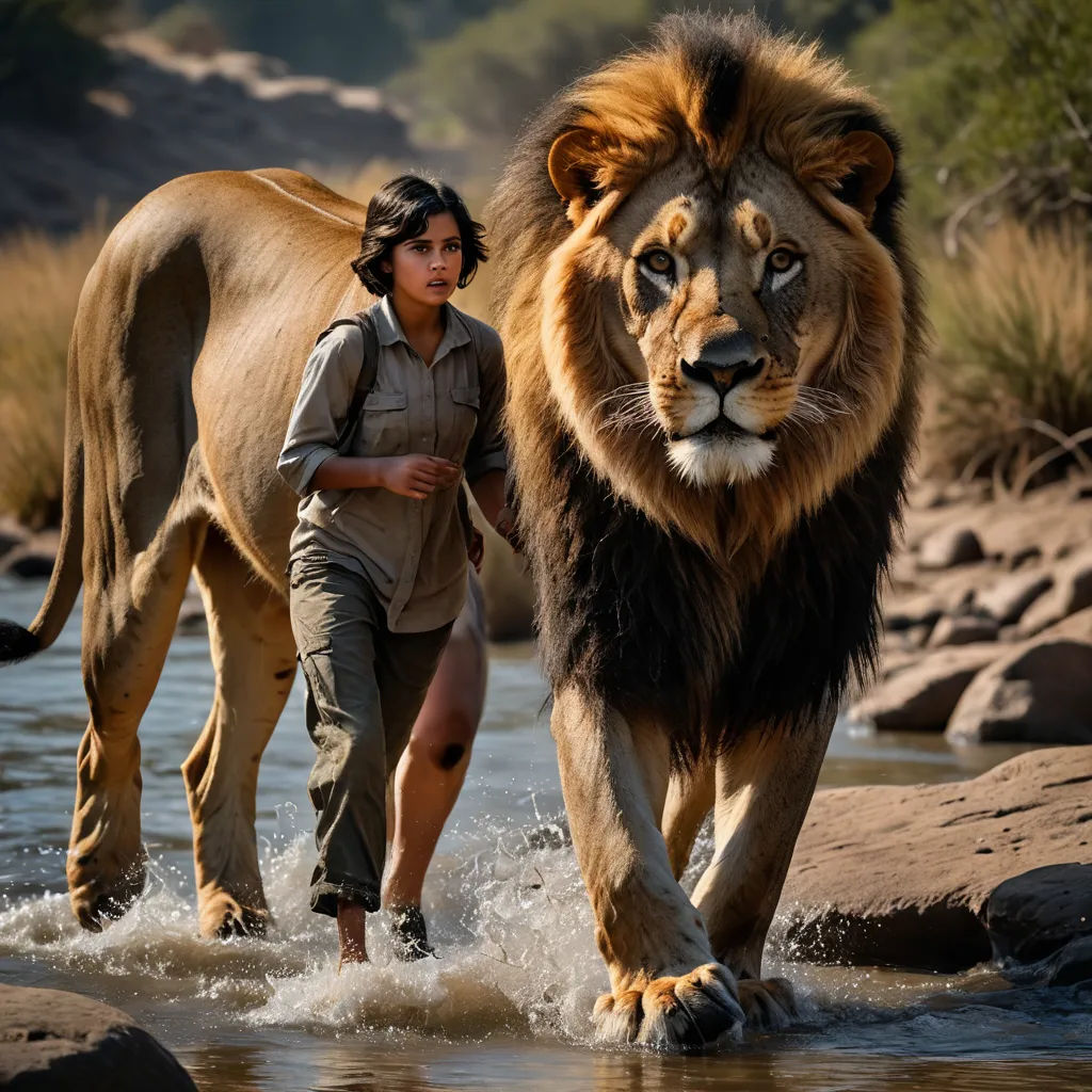 a woman is walking with a lion in the water near a riverbank and rocks and trees in the background, samikshavad, a matte painting, Chris LaBrooy, vfx