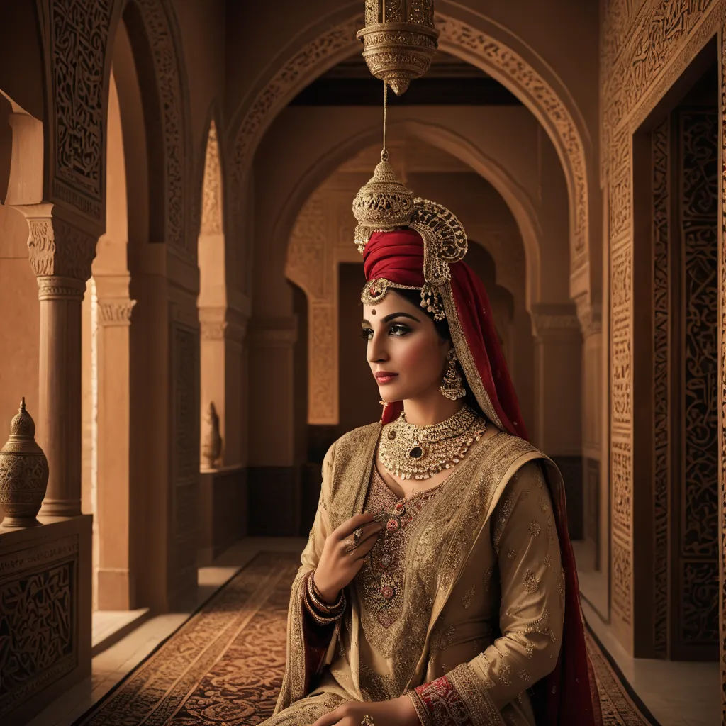 a woman in a red and gold outfit is posing for a picture in a hallway with arches and arches, qajar art, a photorealistic painting, Amir Zand, cinematic photography