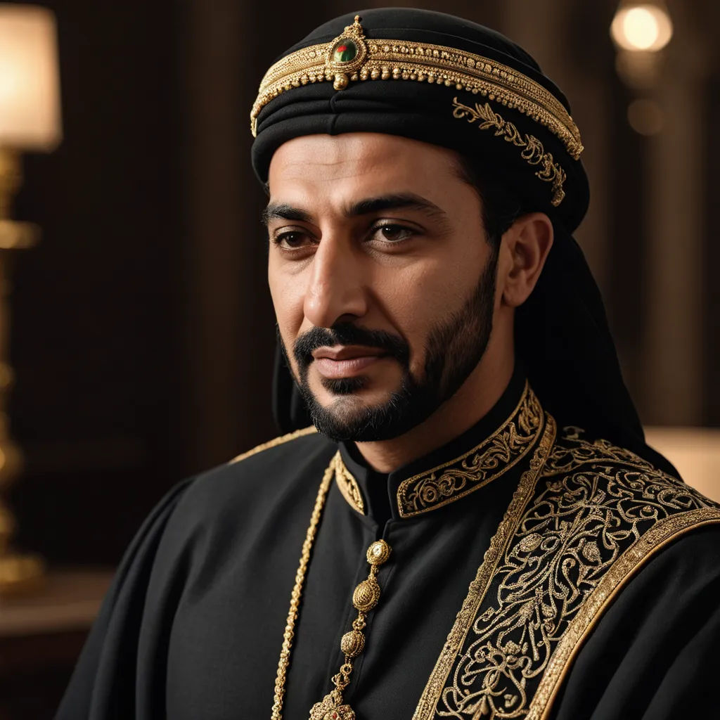 a man in a black outfit with a gold trim and a beard wearing a gold and black outfit with a gold trim, hurufiyya, a character portrait, Altoon Sultan, promotional image