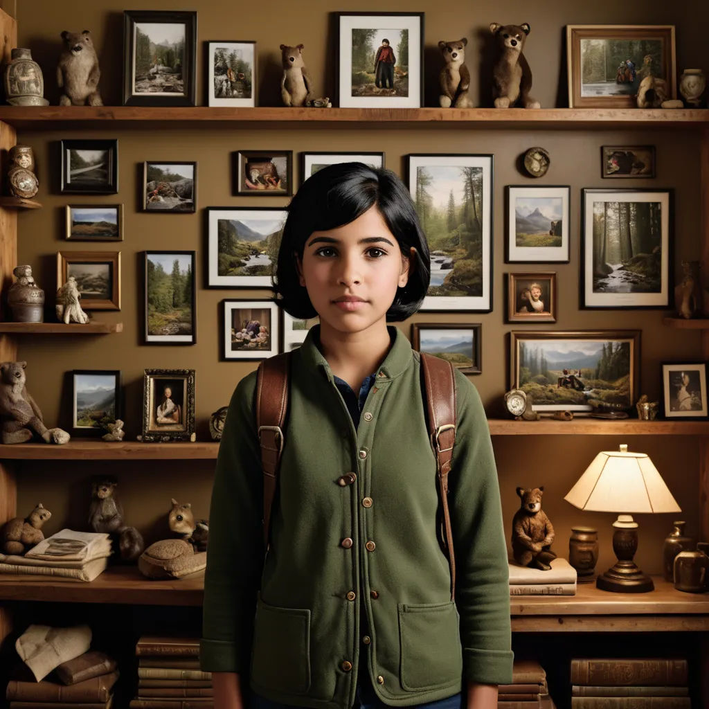 a young girl standing in front of a wall of pictures and teddy bears on shelves with a backpack on her shoulder, vancouver school, a still life, Chris LaBrooy, promotional image