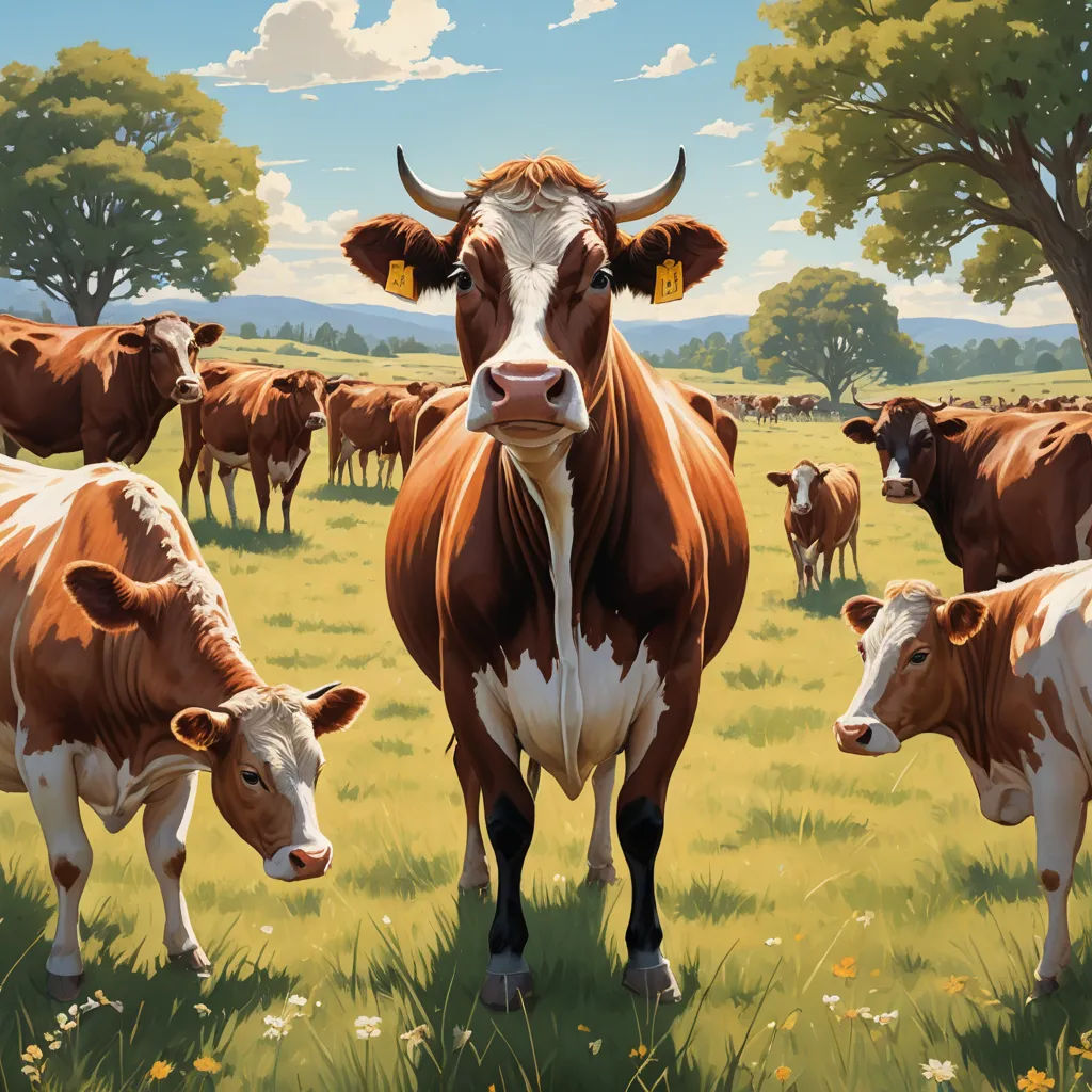 a painting of a cow standing in a field with other cows in the background and trees in the background, american scene painting, an ultrafine detailed painting, Chris LaBrooy, ultra realistic illustration