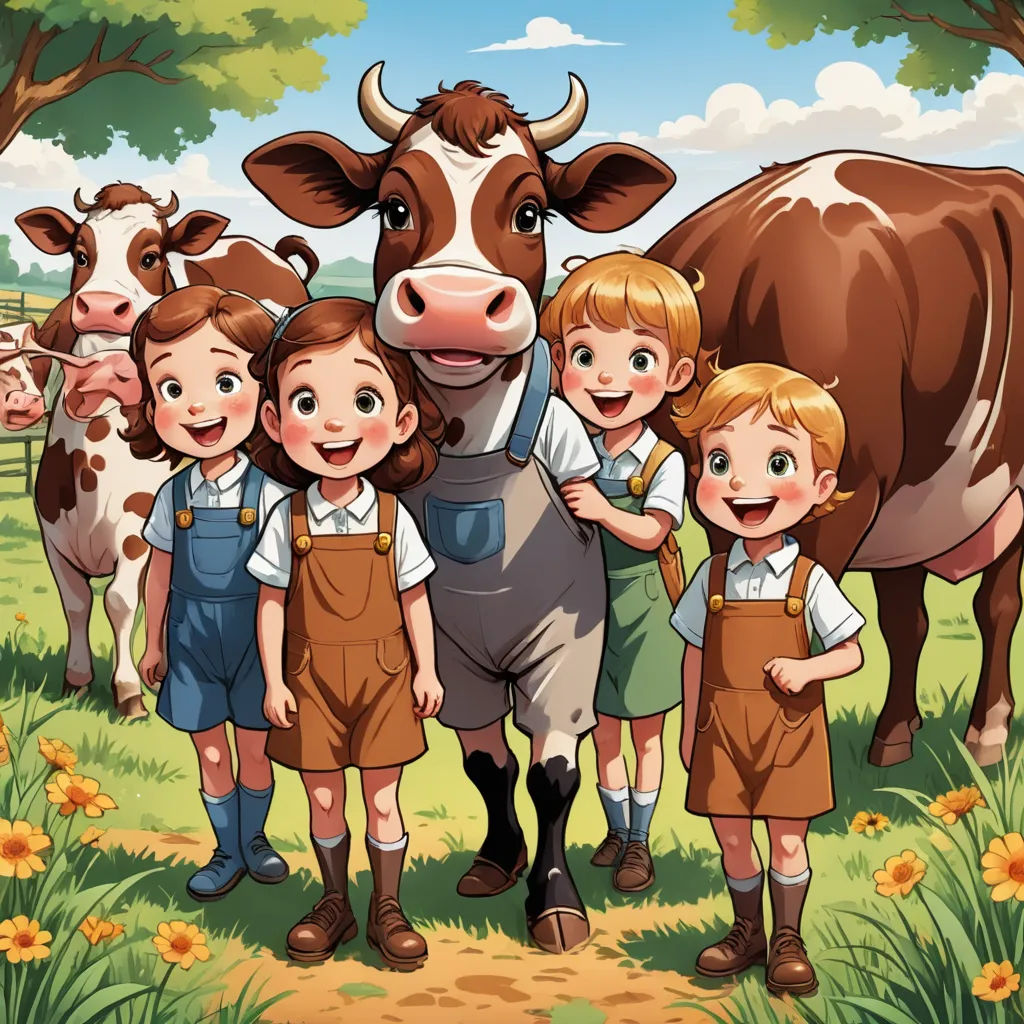 a group of children standing in front of a cow in a field of flowers and grass with a cow in the background, synthetism, a storybook illustration, Andries Stock, storybook illustration