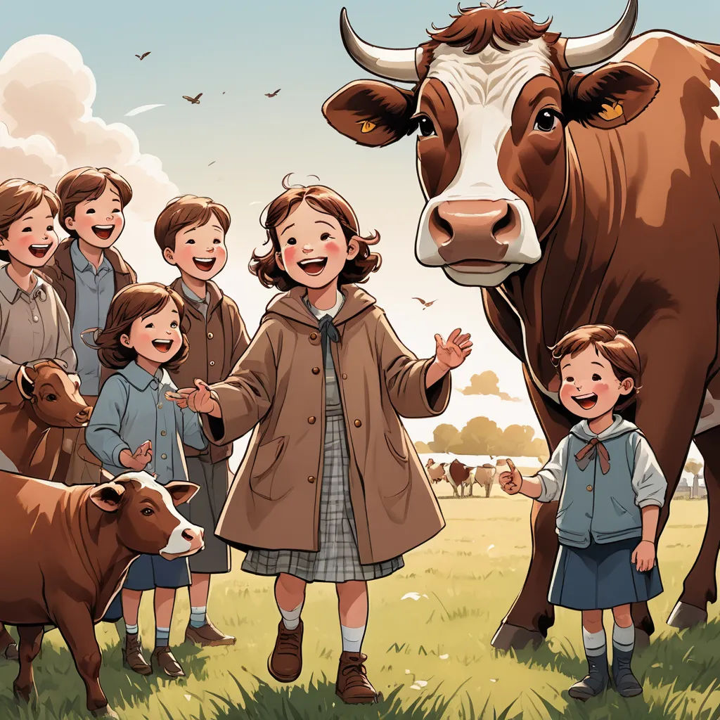 a group of children standing next to a cow on a field of grass with other children standing around it, les automatistes, a storybook illustration, Clarice Beckett, storybook illustration