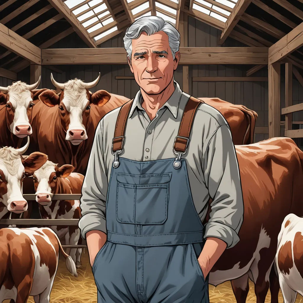 a man standing in front of a herd of cows in a barn with a skylight on the ceiling, american realism, computer graphics, Dan Scott, promotional image