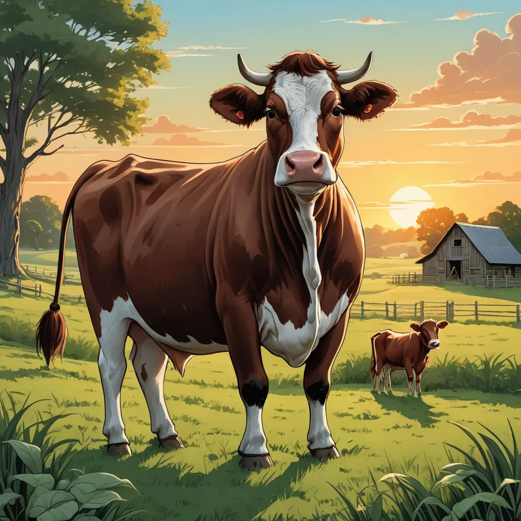 a cow standing in a field with a barn in the background and a sunset in the background with clouds, american scene painting, a storybook illustration, Chris LaBrooy, highly detailed digital painting