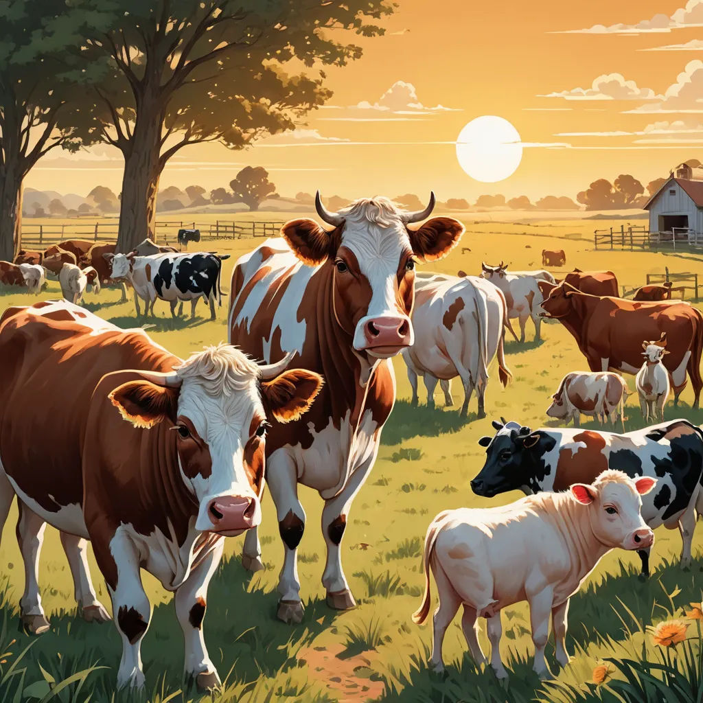 a painting of a herd of cows grazing in a field at sunset with a barn in the background and a setting sun, american scene painting, computer graphics, Chris LaBrooy, highly detailed digital painting