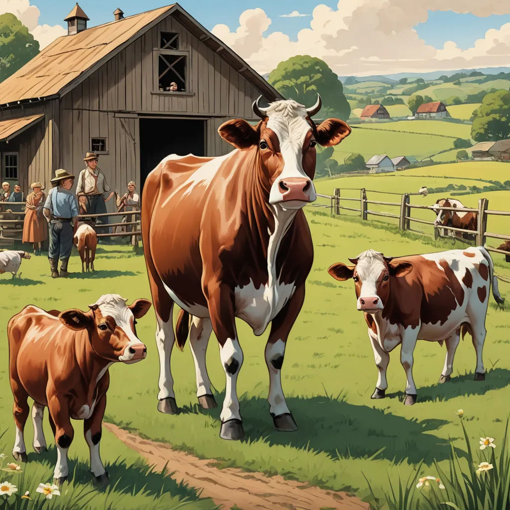 a painting of a cow and her calf in a field with a barn in the background and people standing around, american scene painting, a storybook illustration, Chris LaBrooy, highly detailed digital painting