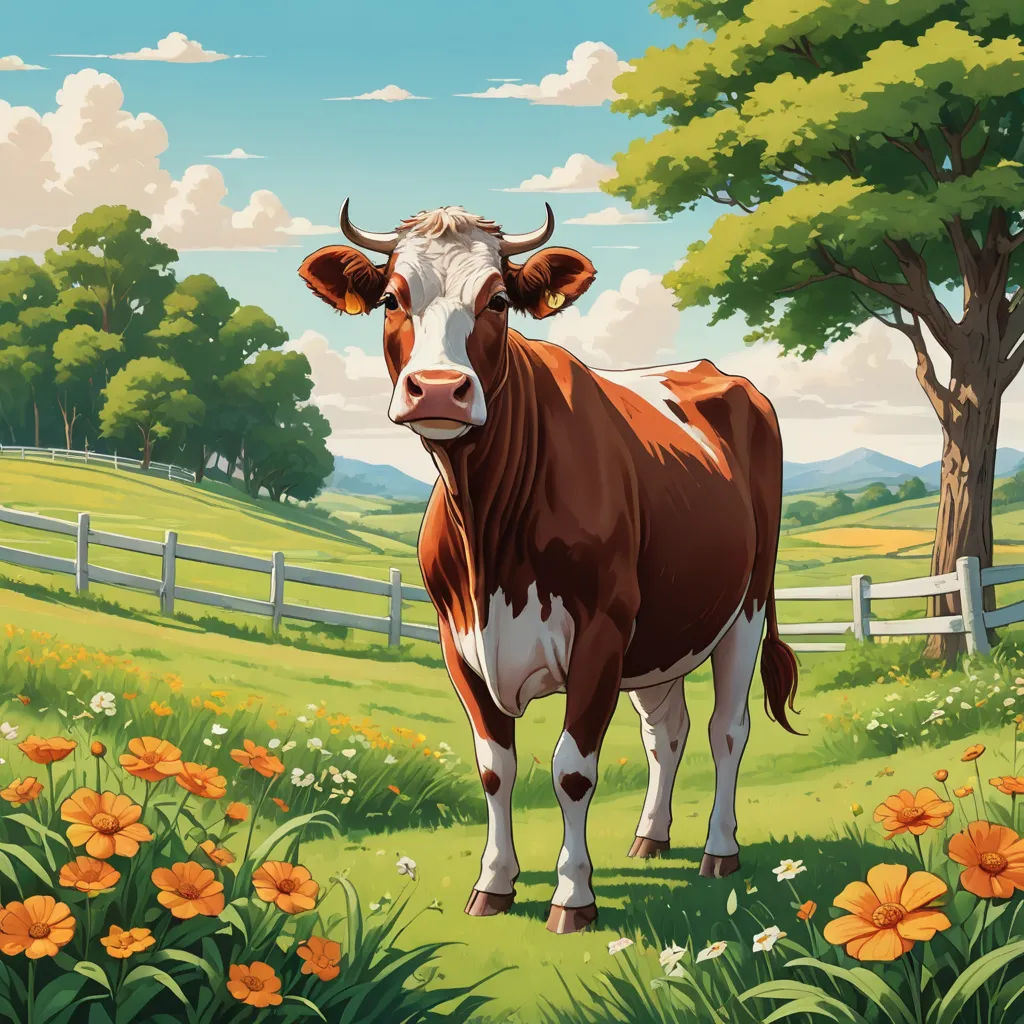 a cow standing in a field of flowers near a fence and trees with a sky background and clouds in the sky, lyco art, computer graphics, Chris LaBrooy, behance hd
