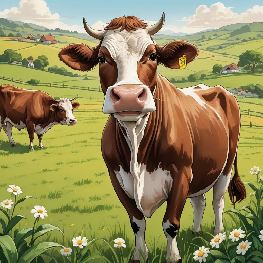 a cow standing in a field with daisies in the foreground and a cow in the background with a tag in its ear, synthetism, a storybook illustration, Chris LaBrooy, ultra realistic illustration