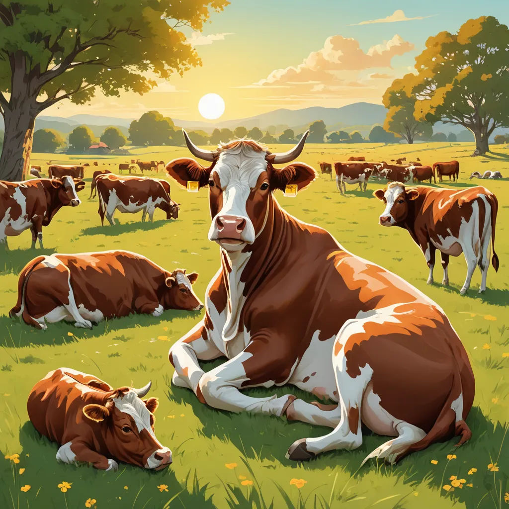a painting of a cow laying in a field with other cows in the background, with a sun setting behind it, american scene painting, computer graphics, Chris LaBrooy, rossdraws global illumination