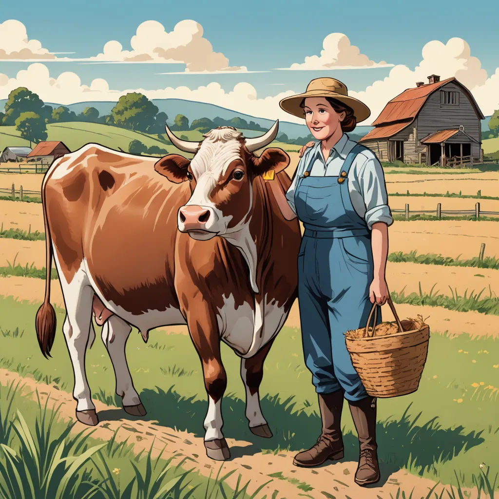 a woman in a hat and overalls standing next to a cow in a field with a basket in her hand, american scene painting, a storybook illustration, Chris Ware, ultra realistic illustration
