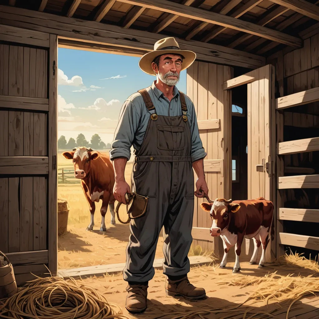 a painting of a man standing in a barn with cows in the barnyard and a cow in the doorway, american scene painting, computer graphics, F. Scott Hess, highly detailed digital painting