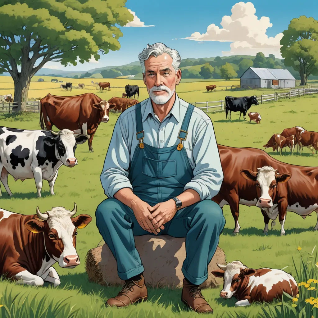 a man sitting on a rock in a field with cows in the background and a barn in the background, american realism, a storybook illustration, Douglas Robertson Bisset, tom of finland