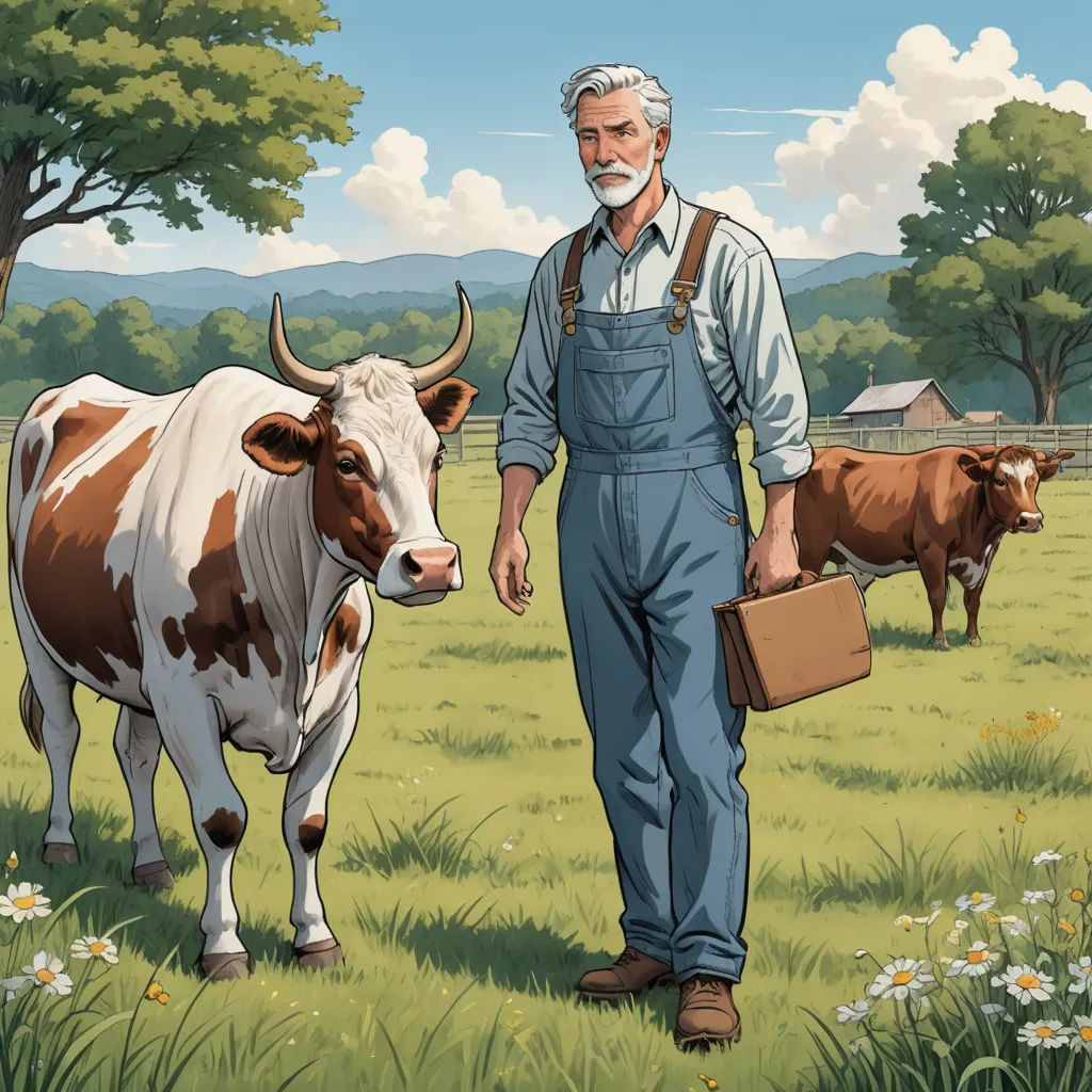 a man standing in a field with two cows behind him and a cow behind him with a box in his hand, american scene painting, a storybook illustration, Balcomb Greene, tom of finland