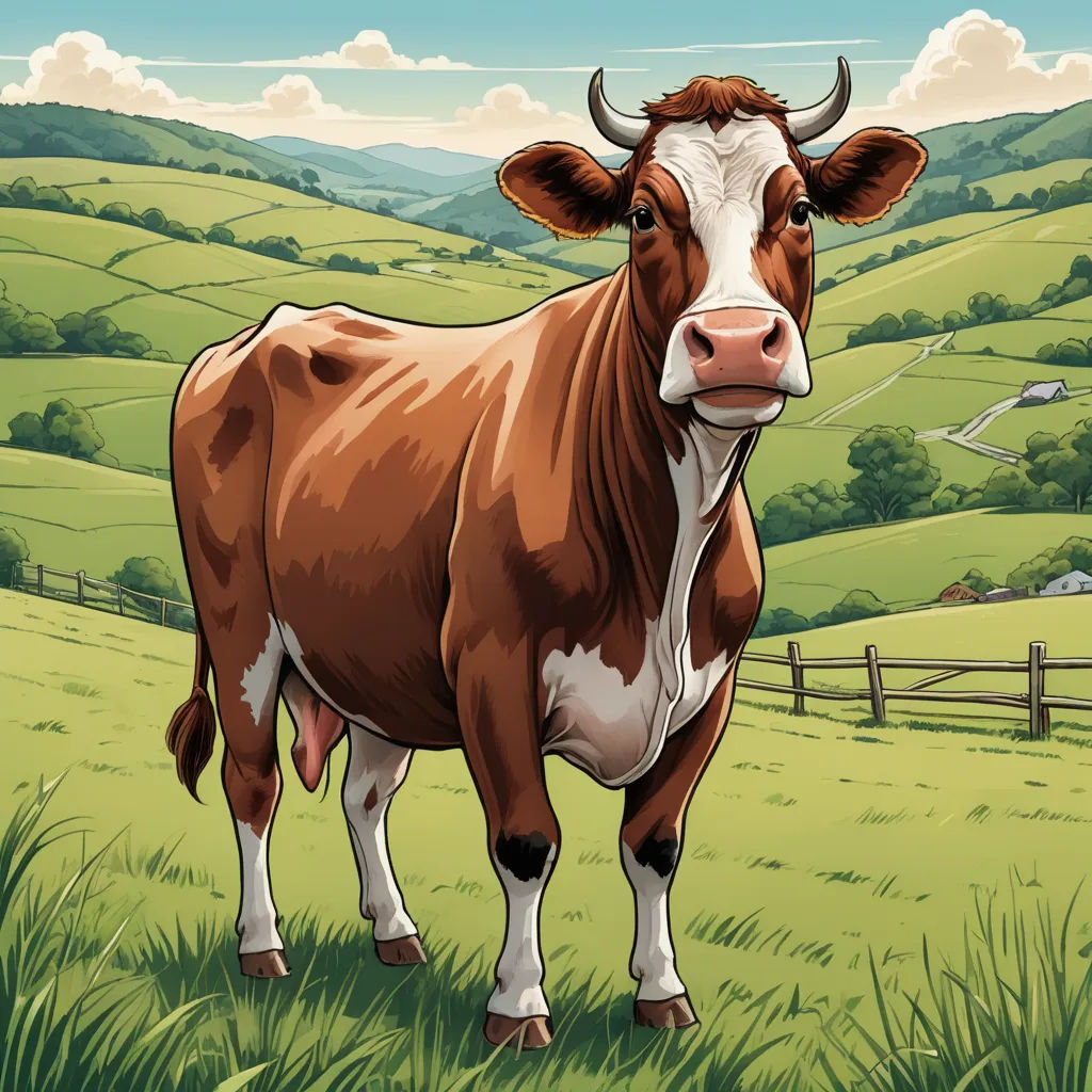 a brown and white cow standing in a field of grass and trees with a sky background and clouds in the sky, serial art, a storybook illustration, Chris Ware, ultra realistic illustration