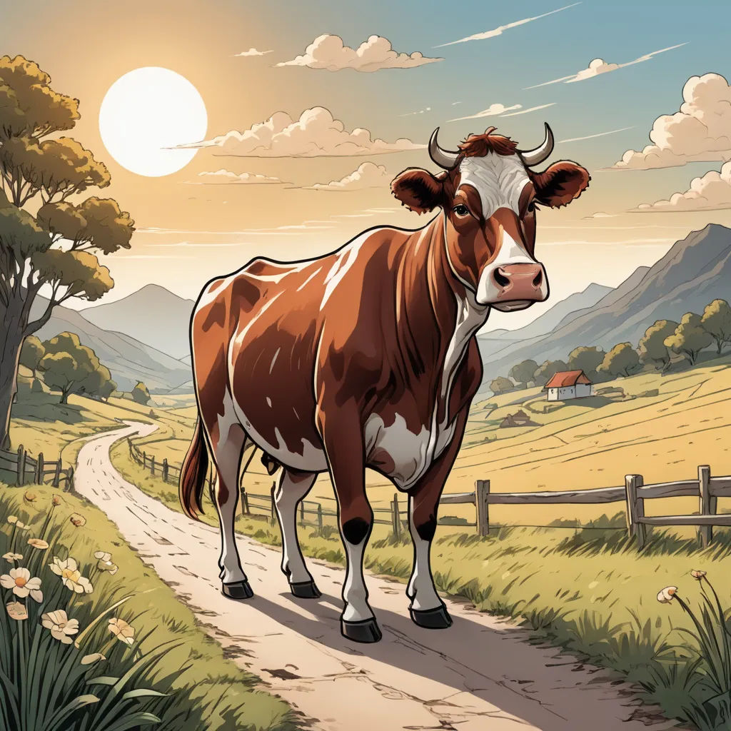 a cow standing on a dirt road in a field with mountains in the background and a sun setting behind it, lyco art, a comic book panel, Chris LaBrooy, western comic book art