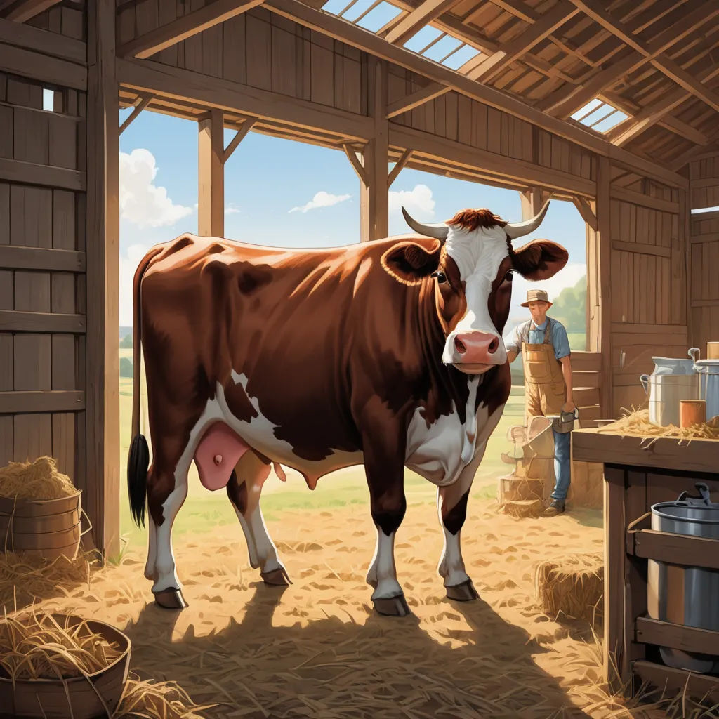 a painting of a cow in a barn with a man standing in the background and a woman standing in the doorway, american scene painting, a storybook illustration, Chris LaBrooy, highly detailed digital painting