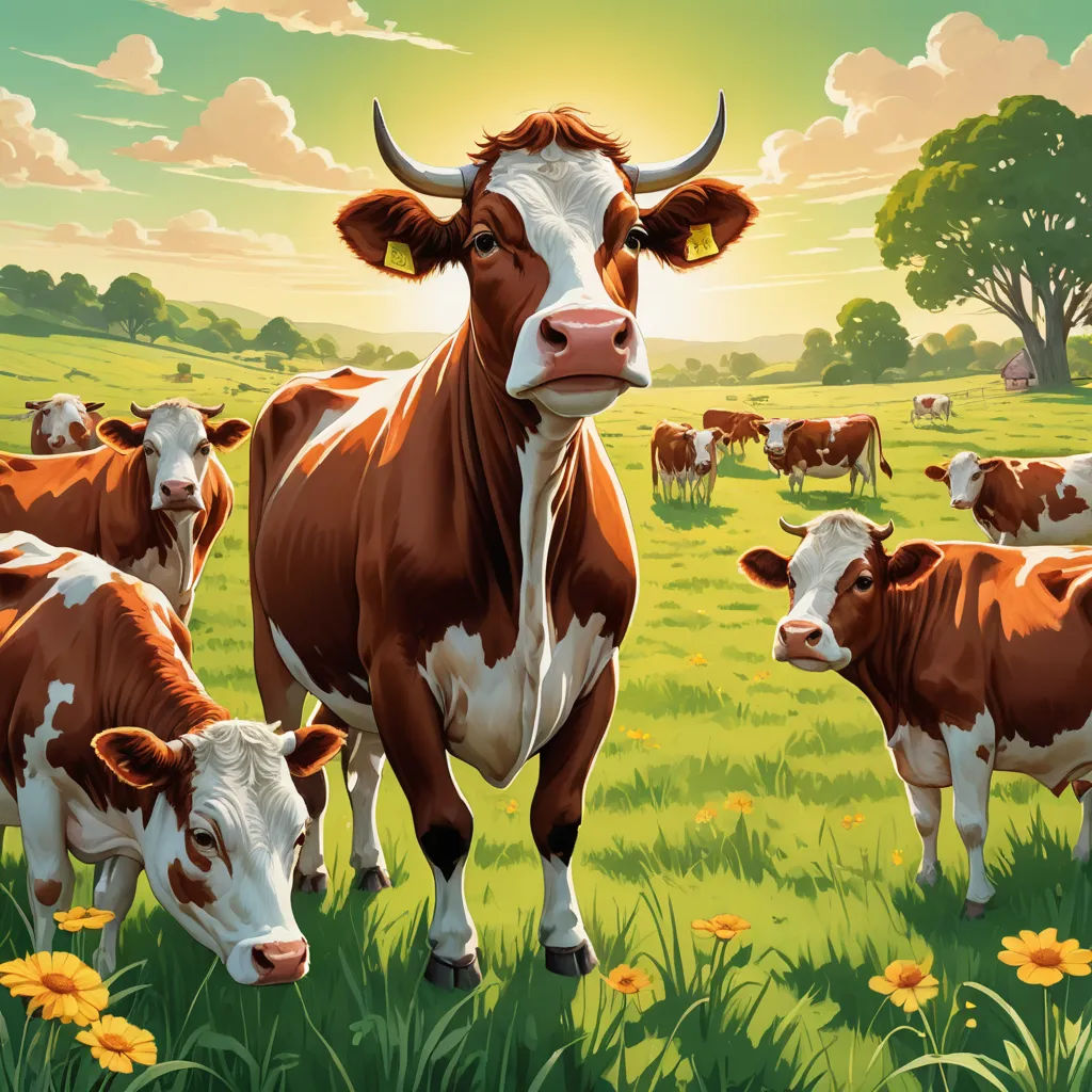 a painting of a cow standing in a field of grass with other cows in the background and a sun setting, synthetism, a storybook illustration, Chris LaBrooy, ultra realistic illustration