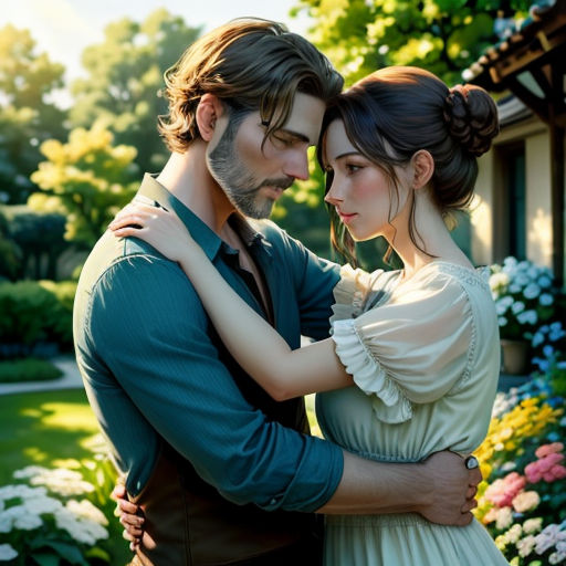 a man and woman are hugging in front of flowers and trees in a garden with a house in the background