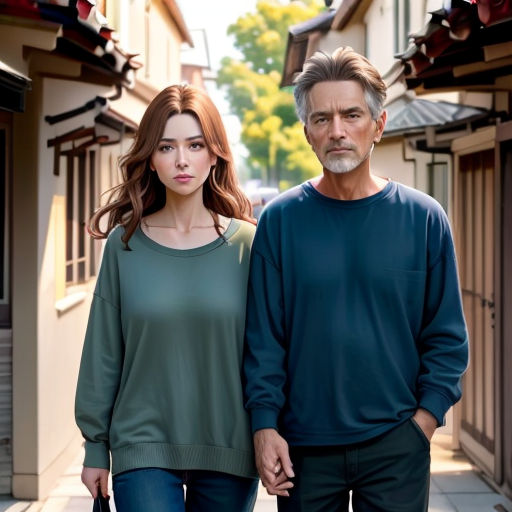 a man and a woman walking down a street holding hands and looking at the camera with a smile on their face