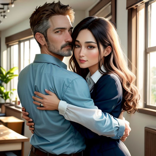 a man and woman hugging in a room with windows and a table in the background, with a potted plant in the corner