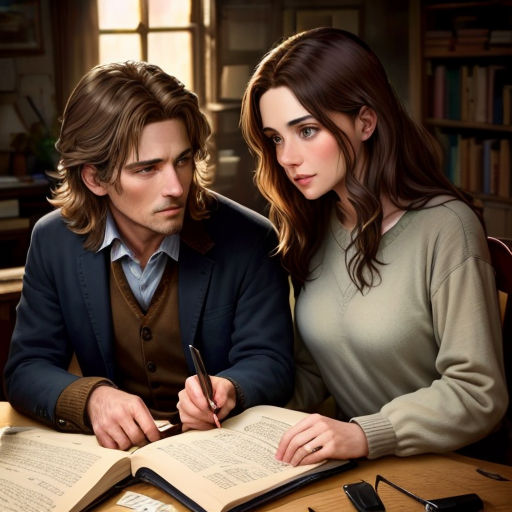 a man and a woman sitting at a table with an open book and pen in front of them, looking at a book