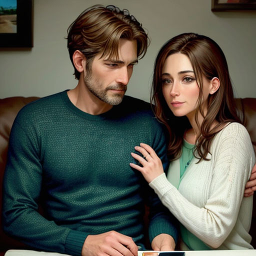 a man and a woman sitting on a couch together, looking at a book on a table with a book on it